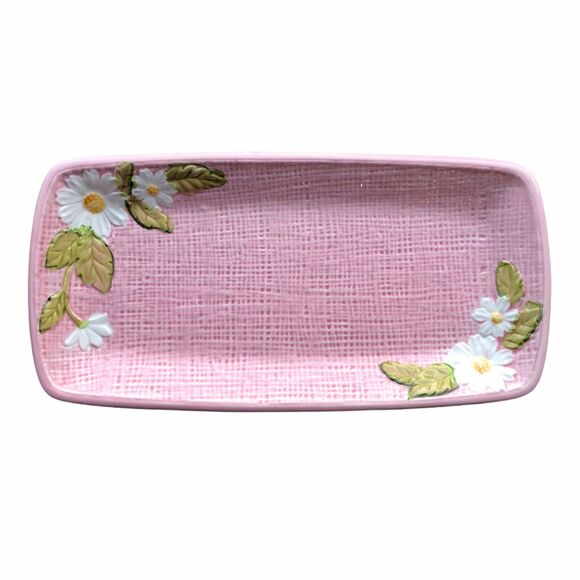 Vintage Shabby Chic I. W. Rice & CO. Inc. Irice Pink Woven Daisy Tray Ceramic - Picture 1 of 5